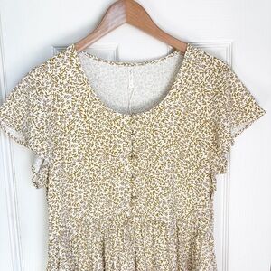 Rylee + Cru Linen Blend Floral Short Sleeve Mini Baby Doll Sun Dress Small Cream